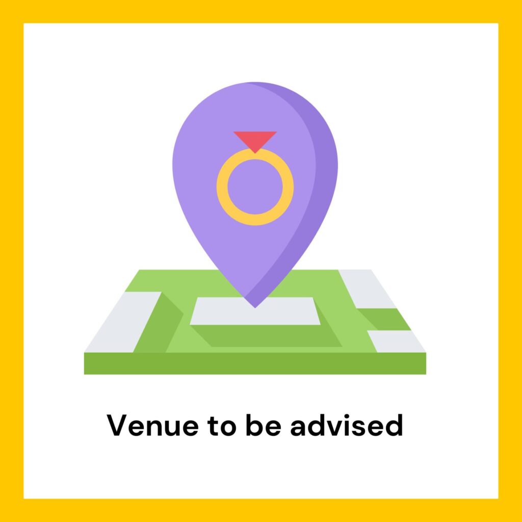 Icon showing placemarker on map with the text "Venue to be advised"